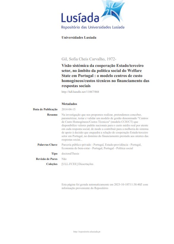 Visão sistémica da cooperação Estado/terceiro setor, no âmbito da política social do Welfare State em Portugal : o modelo centros de custo homogéneos/custos técnicos no financiamento das respostas sociais